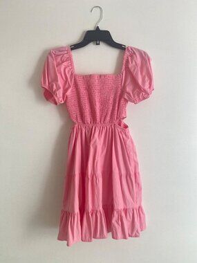 Pink Smocked Puff Sleeve Tiered Mini Dress With Cutouts Size S